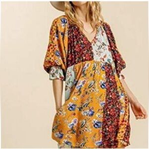 Umgee Mixed Floral Print Billowing Puff Sleeve Boho Short Dress L